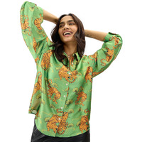 The Souled Store Folk Tiger Women And Girls Long Sleeve Collared Neck Button Down All Over Print Polyester Shirts Green