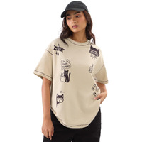 The Souled Store Ted The Stoner: Cat Displaced Women And Girls Short Sleeves Round Neck Brown Graphic Printed Cotton Oversized T-Shirts