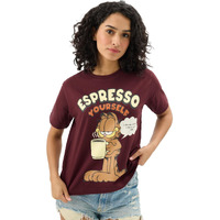 The Souled Store Official Garfield: Espresso Women And Girls Short Sleeves Round Neck Maroon Graphic Printed Regular Fit Cotton T-Shirts