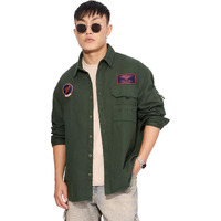 The Souled Store Official Top Gun: Flight Crew Men And Boys Long Sleeves Collared Neck Button Front Green Patch Embroidery Regular Fit Cotton Shirts