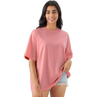 The Souled Store Solids : 100% Cotton Baby Pink Women & Girls Short Sleeve Round Crew Neck Oversized T-Shirts