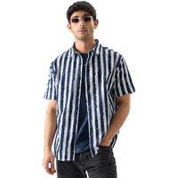 The Souled Store Men Stripes: Midnight Blue Printed Shirts Shirts Casual Button-Down Half Sleeve Printed Graphic Short Sleeve Casual Workwear Fashionable Stylish Comfortable Trendy Classic Summer