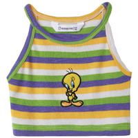 The Souled Store Official Looney Tunes: Sweety Tweety Girls Round Neck Sleeveless Cotton Blend Multicolor Striped Crop Tank Tops