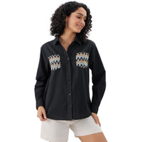 The Souled Store Aruba Women And Girls Long Sleeves Collared Neck Button Front Crochet Pocket Textured Fabric Cotton Boyfriend Shirts