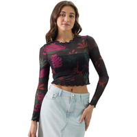 The Souled Store Official Mowgli & Friends Women And Girls Round Neck Full Sleeve Slim Fit Mesh Cropped Tops Black