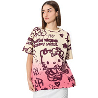 The Souled Store Official Hello Kitty: Laugh More Women And Girls Short Sleeve Round Neck Graphic Printed Cotton Oversized T-Shirts