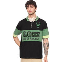 The Souled Store Official Marvel: Loki God Of Mischief Men And Boys Short Sleeve Collared Neck Black And Green Embroidery Cotton Oversized Zipper Polos