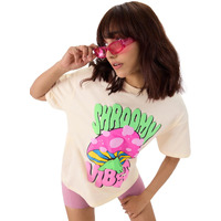 The Souled Store Shroomy Vibes Women And Girls Short Sleeve Round Neck Off-White Graphic Printed Cotton Oversized T-Shirts Graphic Printed Casual Half Sleeves Baggy Loose Fit Drop Shoulder Round