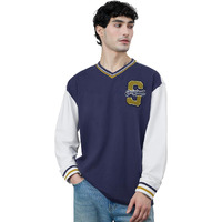 The Souled Store Varsity Style: Blue League Men And Boys Full Sleeves Round Neck Navy Blue And Off White Embroidered Cotton Oversized T-Shirts
