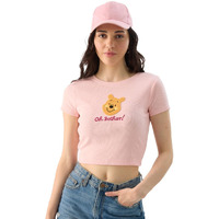 The Souled Store Official Winnie The Pooh: Blush Bear Women And Girls Short Sleeves Round Neck Slim Fit Ribbed Cropped Tops