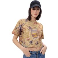 The Souled Store Explorer Women And Girls Short Sleeves Round Neck Brown All Over Printed Cotton Oversized Cropped T-Shirts