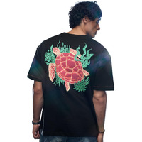 The Souled Store Break Free Turtle Men And Boys Short Sleeves Round Neck Black Puff Printed Cotton Oversized T-Shirts