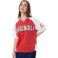 The Souled Store Varsity Club Women And Girls Short Sleeves V Neck Red Embroidered Cotton Oversized T-Shirts