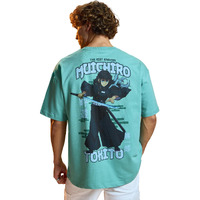 The Souled Store Demon Slayer: Muichiro Men And Boys Short Sleeves Round Neck Green Graphic Printed Cotton Lightweight Comfortable All-Season Oversized T-Shirt