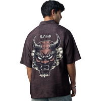The Souled Store: The Last Shogun Men And Boys Short Sleeve Collared Neck Button Front Dark Brown Graphic Printed Rayon Oversized Shirts