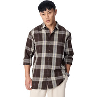 The Souled Store: Mocha Men And Boys Long Sleeve Spread Collarbutton Front Brown Plaid Regular Fit Cotton Linen Shirt