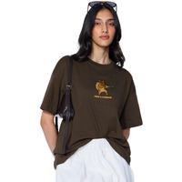 The Souled Store Oversized T-Shirt: Peace Is Overrated Women And Girls Short Sleeves Round Neck Brown Embroidered Cotton Oversized T-Shirts