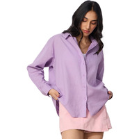 The Souled Store Cotton Linen: Lavender Women And Girls Long Sleeves Collared Neck Button Front Solid Cotton Linen Boyfriend Shirts