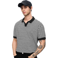 The Souled Store Jacquard Polo: Monochrome Men And Boys Short Sleeves Collared Neck Striped Cotton Blend Streetwear Trendy Drop Shoulder Casual Oversized Polos