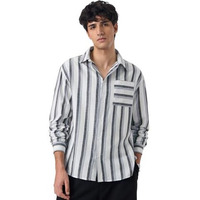 The Souled Store: Mystique Men And Boys Long Sleeve Spread Collar White And Grey Striped Regular Cotton Linen Shirt