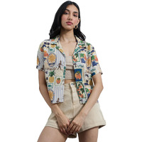The Souled Store Originals: Tropical Mood Women And Girls Short Sleeves Collared Neck All Over Printed Cotton Regular Fit Casual Holiday Shirts