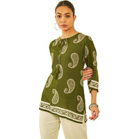 Soch Womens Green Crepe Paisley Printed Ethnic Tunic With Tie-Ups Tassels