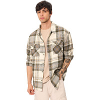 The Souled Store Plaid: Cream, Green Men And Boys Long Sleeve Collared Neck Button Down Regular Fit Cotton Utility Shirts