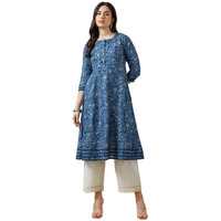 Soch Womens Blue Cotton Slub Botanical Print Panelled Kurta