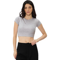 The Souled Store Solids : Light Grey Melange Short Sleeve Round Neck Slim Fit Cropped Tops For Women And Girls - Trendy Statement Pieces For Every Wardrobe