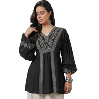 Soch Womens Black Floral Embroidered Rayon Tunic With Cuff Sleeves