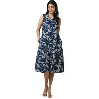 Soch Womens Indigo Cotton Slub Abstract Print Dress