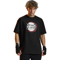 The Souled Store Demon Slayer: Logo Men And Boys Short Sleeves Round Neck Graphic Printed Cotton Oversized Lightweight Breathable Comfortable All-Season T-Shirt Black