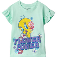 The Souled Store Looney Tunes: Flower Power Girls Round Neck Green Graphic Printed Cotton Flutter Sleeve Tops (2-8 Yrs)