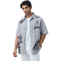 The Souled Store Oversized Stripe Shirt: Graffiti Men And Boys Short Sleeves Collared Neck Button Front Grey Graphic Printed Cotton Oversized Shirts