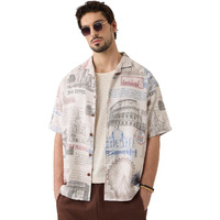 The Souled Store Hawaiian Shirt: Monuments Men And Boys Short Sleeves Collared Neck Button Front Grey All Over Printed Polyester Blend Oversized Fit Holiday Shirts