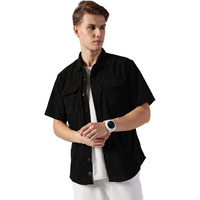 Thomas Scott Men's Regular Fit Half Sleeve Corduroy Casual Shirt(Ts1629_Black_L)
