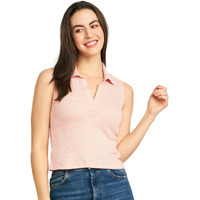Pivl Women Striped Shirt Collar Sleeveless Top For Summer_Peach_Medium|| Summer Wear || Stylish T-Shirts For Women ||