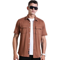 Thomas Scott Men's Half Sleeve Slim Fit Solid Double Pocket Casual Shirt(Ts1641_Brown_Xl)