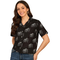 Pivl Ethnic Printed Cuban Collar Pure Cotton Shirt Style Top || Summer Wear_Black_M