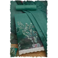 Soch Women's Turquoise Blue Linen Botanical Print Unstitch Dress Material With Thread Work