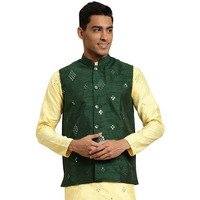 Sojana (Since 1958) Men's Silk Blend Dark Green Mirror Work Only Nehru Jacket