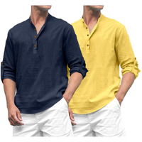 Royalscout Combo Of Men's Solid Cotton Blend Full Sleeve Straight Kurta Shirt (Pack Of 2) Navy-Yellow
