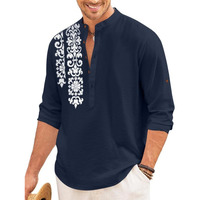 Royalscout Men's Regular Fit Stylish Embroidered Design Cotton Blend Full Sleeve Short Straight Kurta Shirt Navy