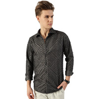 Thomas Scott Men's Slim Fit Textured Spread Collar Long Sleeve Casual Shirt(Ts1669_Grey_L)