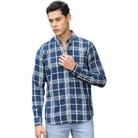 Thomas Scott Men's 100% Cotton Full Sleeves Checkered Casual Shirt_Ts1311 (Navy Blue, L)