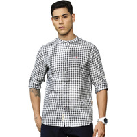Thomas Scott Men Band Collar Full Sleeves Slim Fit Checkered Casual Shirt (Black, S)