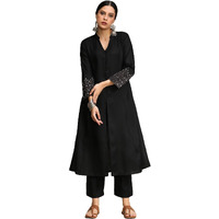 Varanga Black Mandarin Witn V Neck Anarkali Front Slit Detailing With Trouser