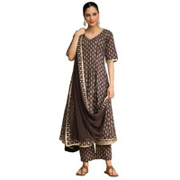 Varanga Ethnic Jaipuri Printed V Neck Sequin Detailed Anarkali With Trouser & Dupatta