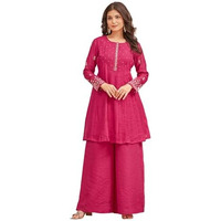 Varanga Floral Motif Thread Embroidered Flared Kurta With Palazzo