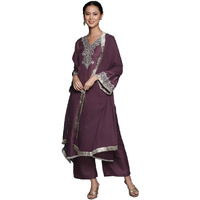 Varanga Mauve V-Neck Yoke Embroidered Straight Kurta With Fringes Hem Paired With Tonal Bottom And Tonal Dupatta With Fringes
